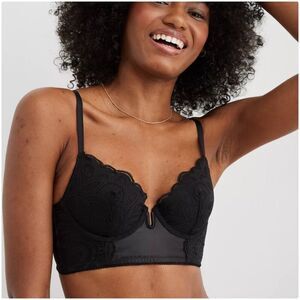 aerie Black Show Off Plunge Push Up Rooftop Garden Lace Bra 34DD